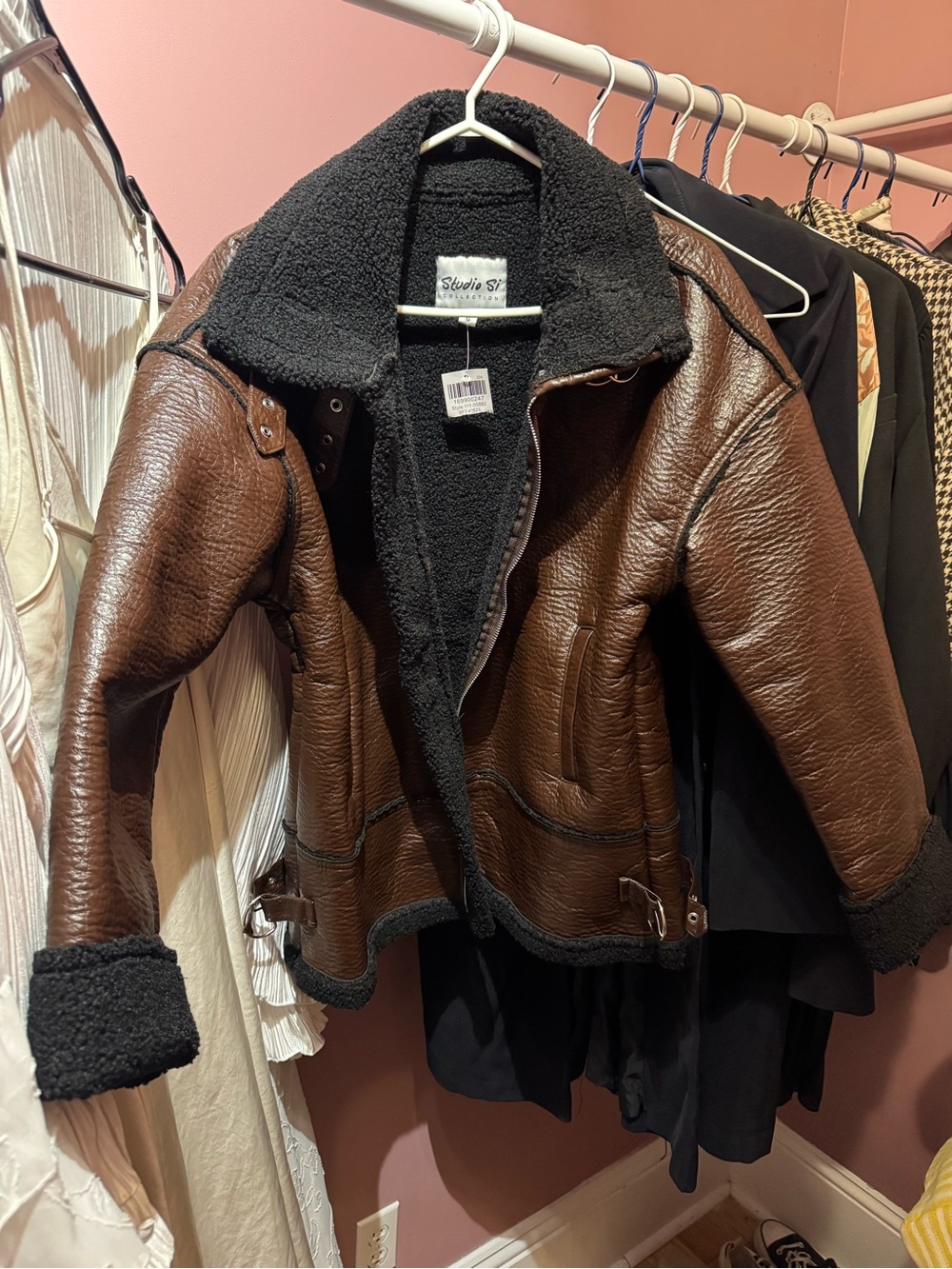 Studio Si Dark Brown Leather Aviator Jacket with Black Shearling